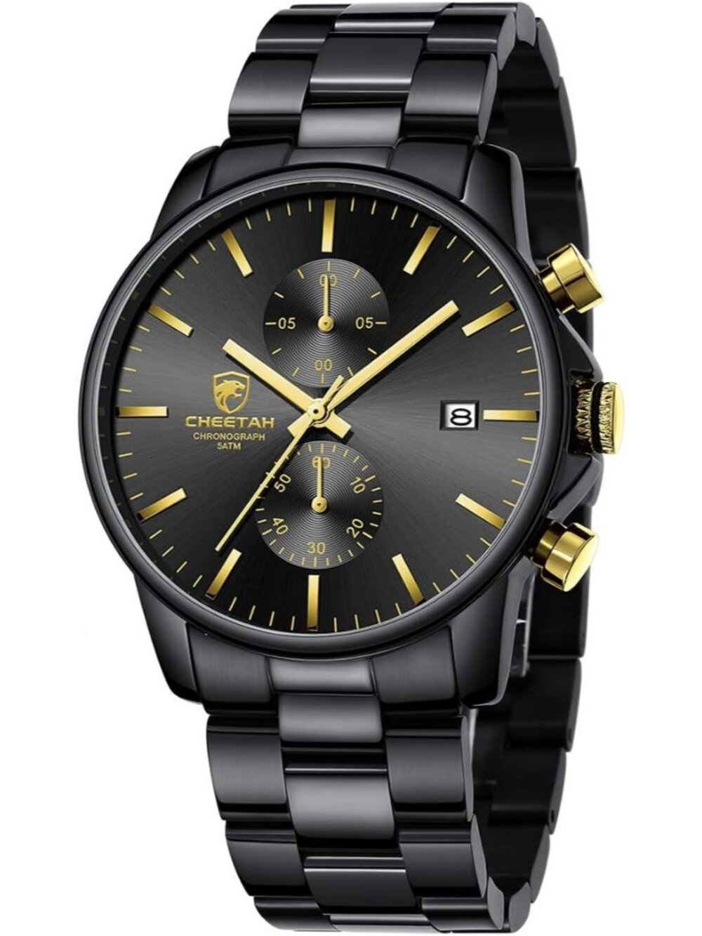 Men's Black Gold Classic Stainless Steel Waterproof Chronograph Quartz Watch
